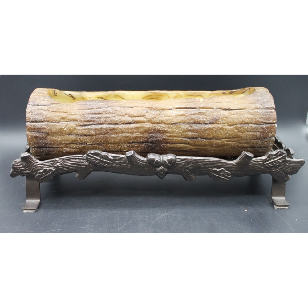 PartyLite Log Candle w/ Metal Stand Rustic Wood Look Centerpiece Fireplace